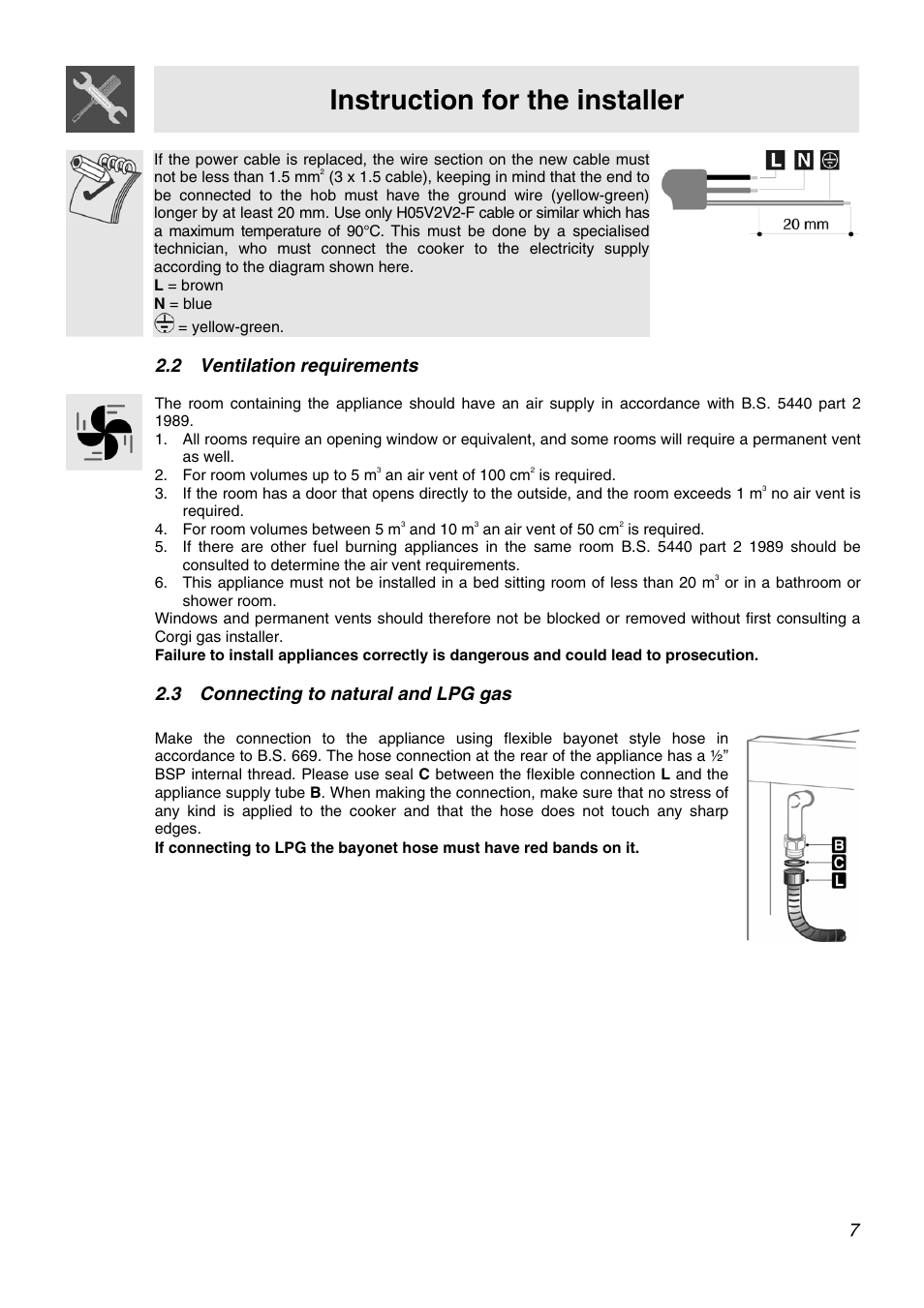 Ventilation requirements, Connecting to natural and lpg gas, Please see connection diagram) | Instruction for the installer, 2 ventilation requirements, 3 connecting to natural and lpg gas | Smeg APC61XVG User Manual | Page 5 / 24