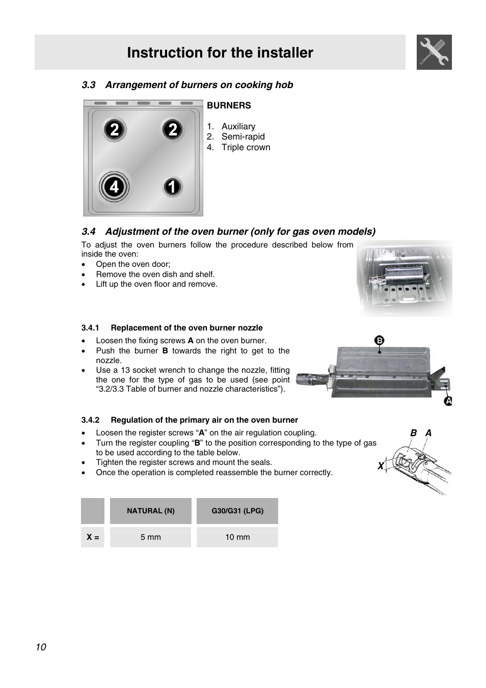 Arrangement of burners on cooking hob, Replacement of the oven burner nozzle, Regulation of the primary air on the oven burner | Instruction for the installer, 3 arrangement of burners on cooking hob, Burners 1. auxiliary 2. semi-rapid 4. triple crown, 1 replacement of the oven burner nozzle, 2 regulation of the primary air on the oven burner, X = 5 mm 10 mm | Smeg APC61XVG User Manual | Page 8 / 24
