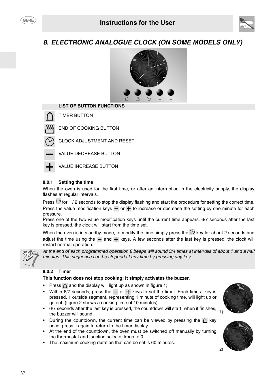 Electronic analogue clock (on some models only), 1 setting the time, 2 timer | Instructions for the user | Smeg SA130P User Manual | Page 10 / 27