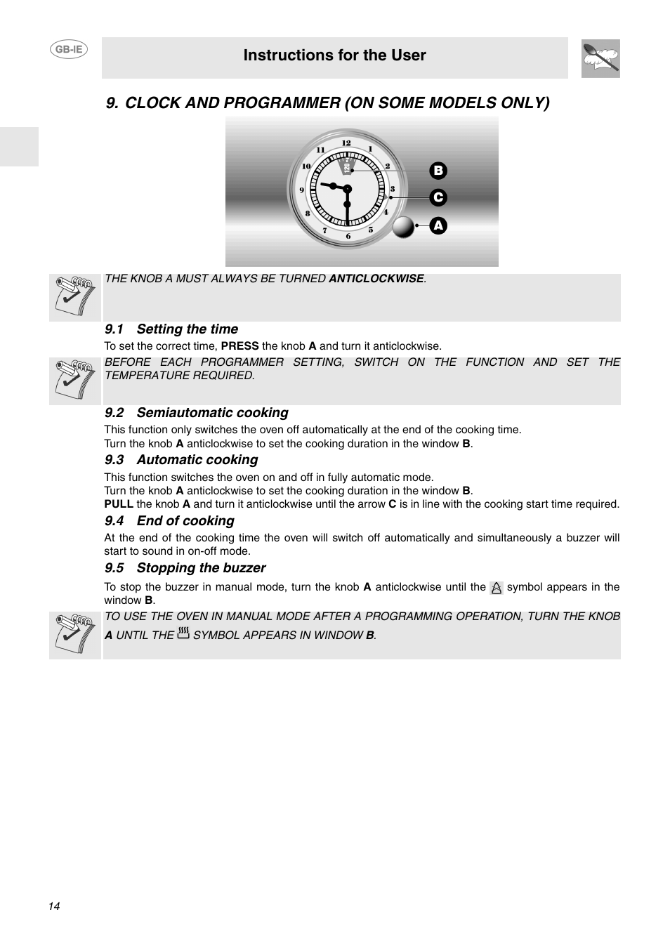 Clock and programmer (on some models only), 1 setting the time, 2 semiautomatic cooking | 3 automatic cooking, 4 end of cooking, 5 stopping the buzzer, Instructions for the user | Smeg SA130P User Manual | Page 12 / 27