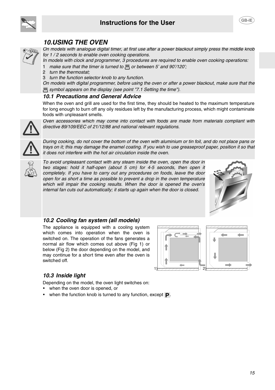 Using the oven, 2 turn the thermostat, 3 turn the function selector knob to any function | 1 precautions and general advice, 2 cooling fan system (all models), 3 inside light, Instructions for the user | Smeg SA130P User Manual | Page 13 / 27