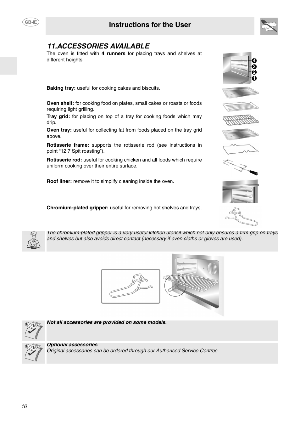Accessories available, Instructions for the user | Smeg SA130P User Manual | Page 14 / 27