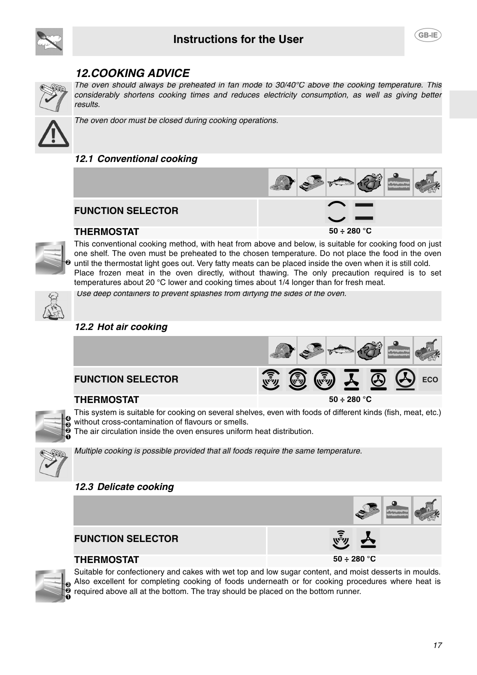 Cooking advice, 1 conventional cooking, 2 hot air cooking | 3 delicate cooking, Instructions for the user, Function selector, Thermostat | Smeg SA130P User Manual | Page 15 / 27