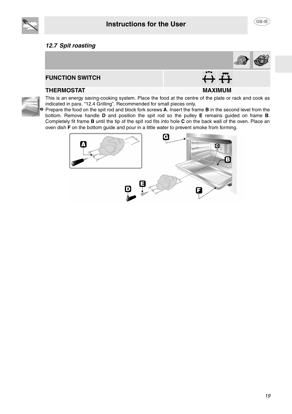 7 spit roasting, Instructions for the user | Smeg SA130P User Manual | Page 17 / 27
