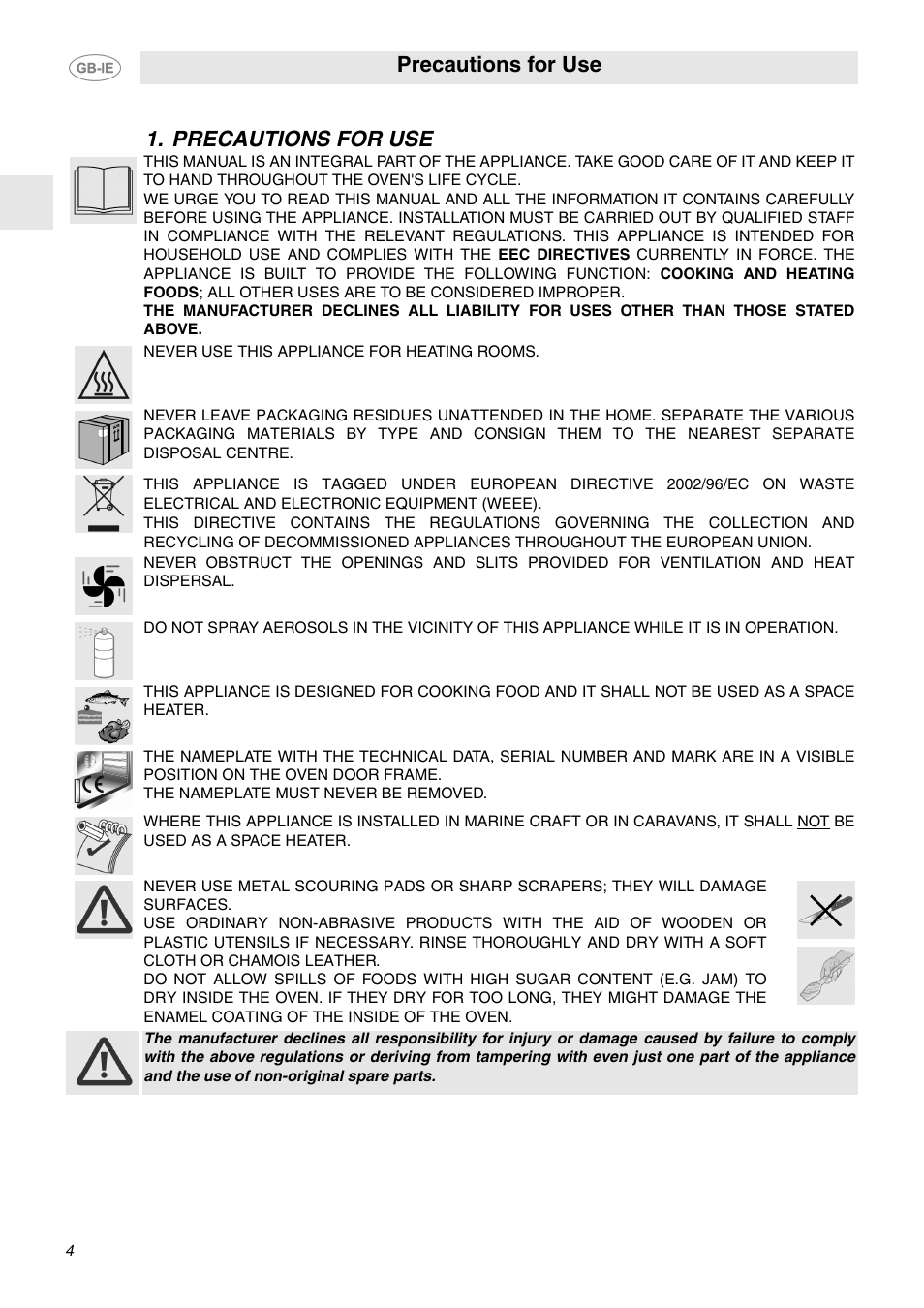 Precautions for use | Smeg SA130P User Manual | Page 2 / 27