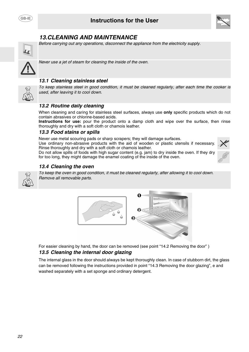 Cleaning and maintenance, 1 cleaning stainless steel, 2 routine daily cleaning | 3 food stains or spills, 4 cleaning the oven, 5 cleaning the internal door glazing, E "13. cleaning and maintenance, Instructions for the user | Smeg SA130P User Manual | Page 20 / 27