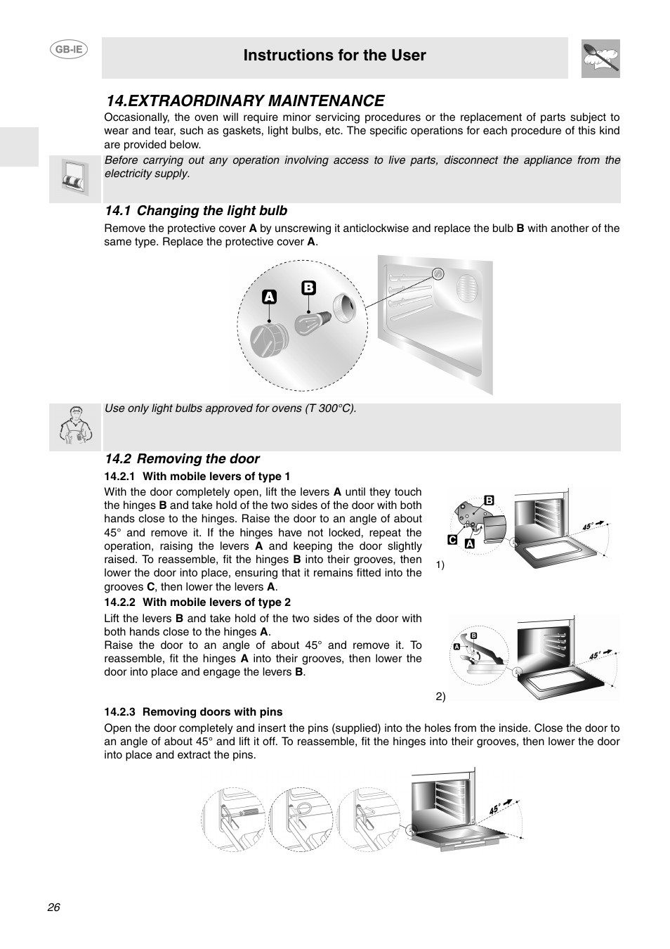 Extraordinary maintenance, 1 changing the light bulb, 2 removing the door | 1 with mobile levers of type 1, 2 with mobile levers of type 2, 3 removing doors with pins, 1 changing the light bulb 14.2 removing the door, Instructions for the user | Smeg SA130P User Manual | Page 24 / 27