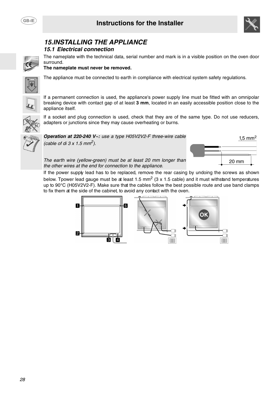 Installing the appliance, 1 electrical connection, Instructions for the installer | Smeg SA130P User Manual | Page 26 / 27