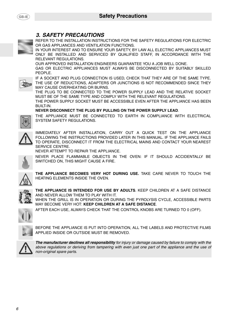Safety precautions | Smeg SA130P User Manual | Page 4 / 27