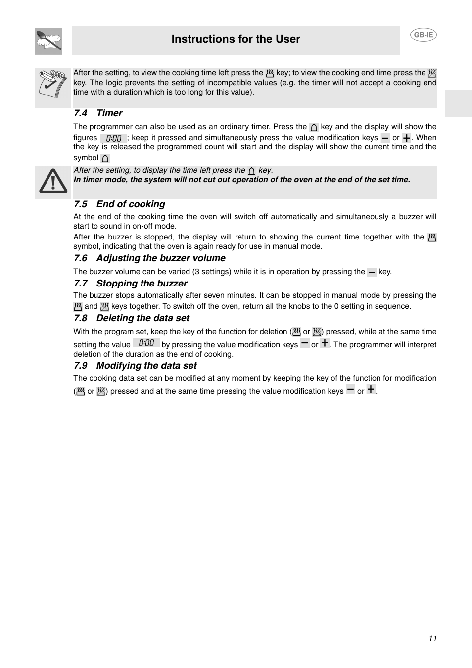 4 timer, 5 end of cooking, 6 adjusting the buzzer volume | 7 stopping the buzzer, 8 deleting the data set, 9 modifying the data set, Instructions for the user | Smeg SA130P User Manual | Page 9 / 27