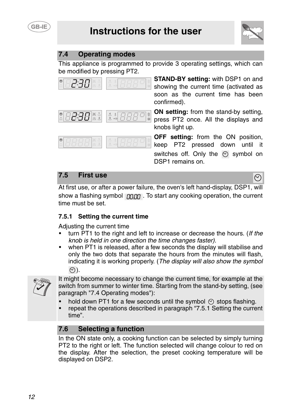 4 operating modes, 5 first use, 1 setting the current time | 6 selecting a function, Instructions for the user | Smeg Built-in Microwave Oven User Manual | Page 10 / 35