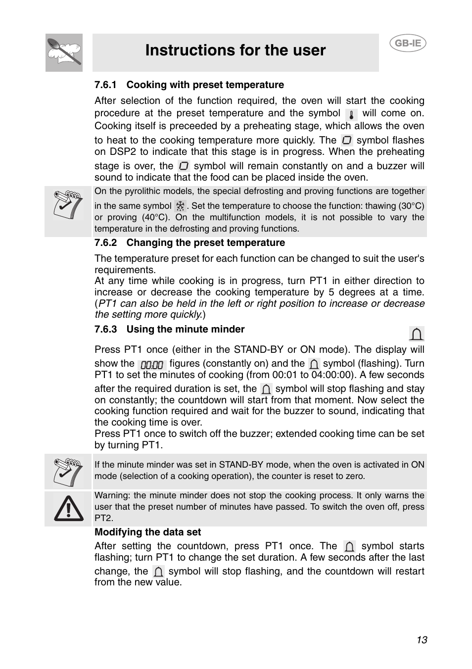 1 cooking with preset temperature, 2 changing the preset temperature, 3 using the minute minder | Instructions for the user | Smeg Built-in Microwave Oven User Manual | Page 11 / 35