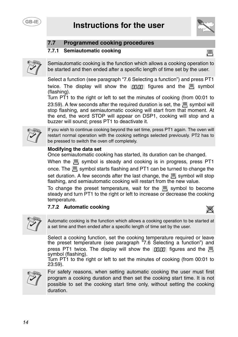 7 programmed cooking procedures, 1 semiautomatic cooking, 2 automatic cooking | Instructions for the user | Smeg Built-in Microwave Oven User Manual | Page 12 / 35
