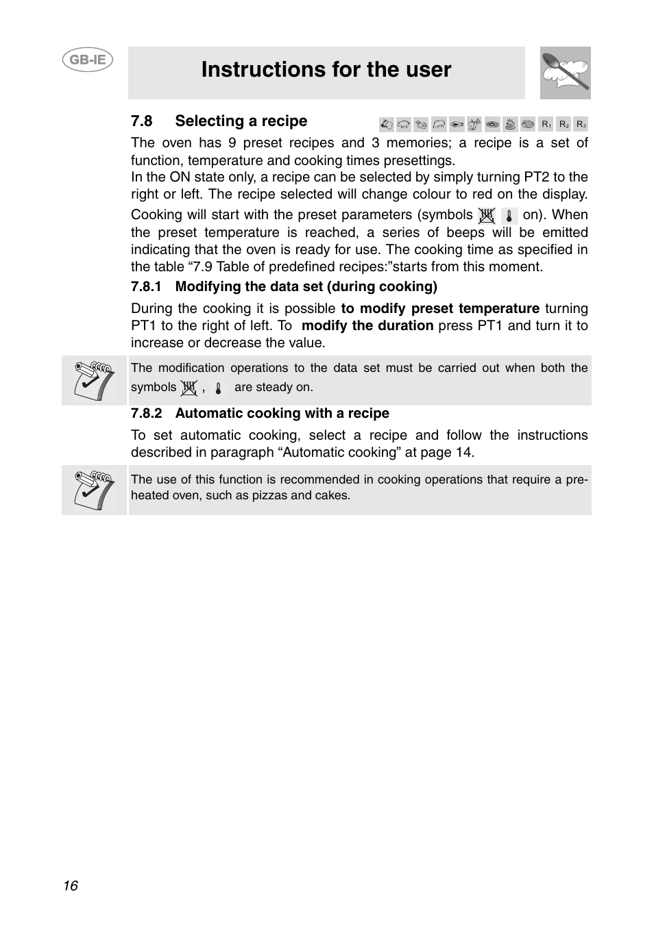 8 selecting a recipe, 1 modifying the data set (during cooking), 2 automatic cooking with a recipe | Instructions for the user | Smeg Built-in Microwave Oven User Manual | Page 14 / 35