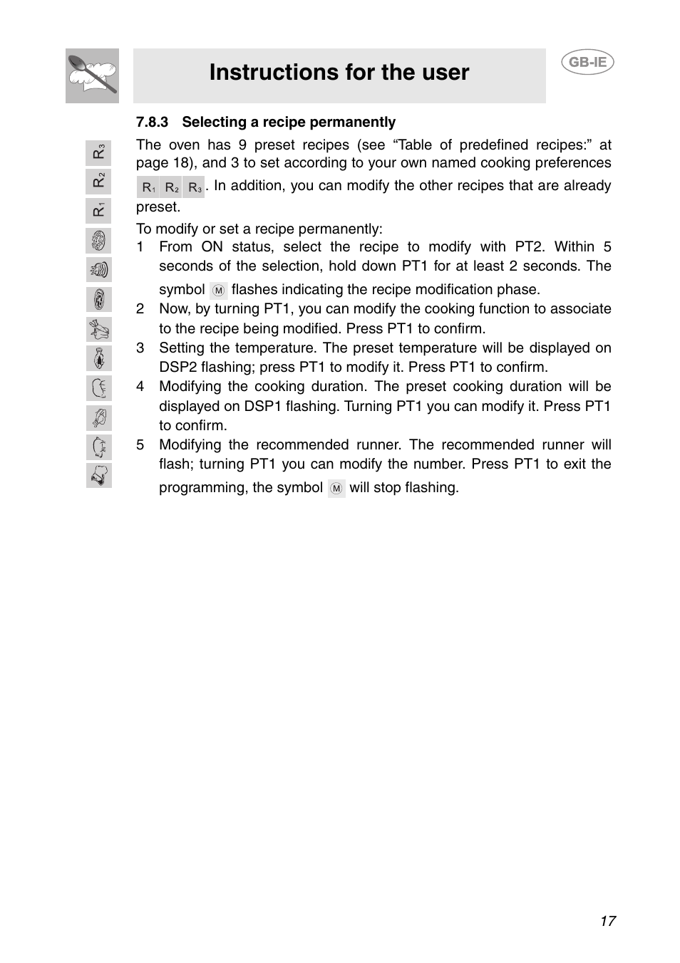 3 selecting a recipe permanently, Instructions for the user | Smeg Built-in Microwave Oven User Manual | Page 15 / 35