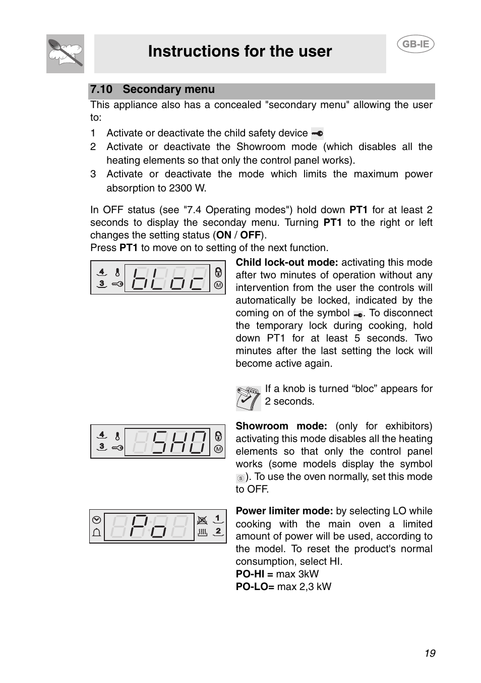 10 secondary menu, 1 activate or deactivate the child safety device, Instructions for the user | Smeg Built-in Microwave Oven User Manual | Page 17 / 35