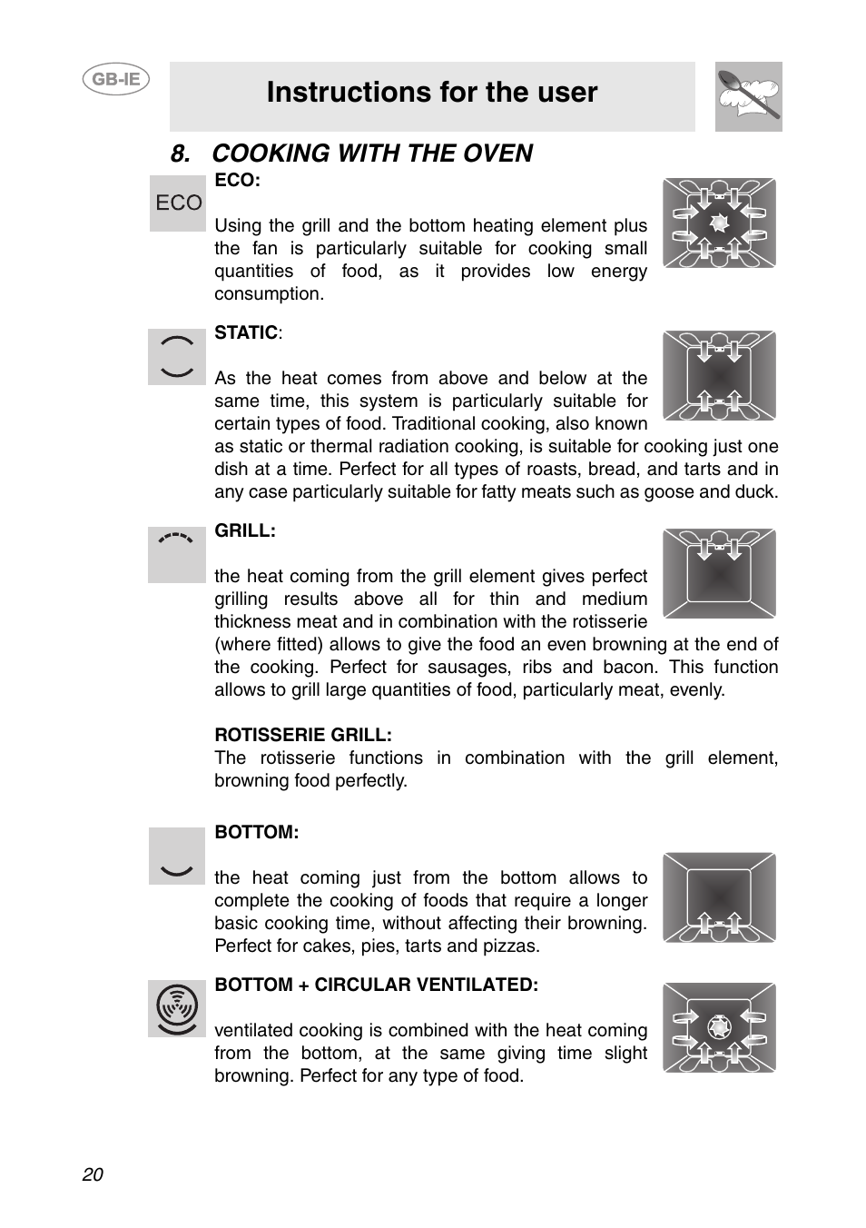 Cooking with the oven, Instructions for the user | Smeg Built-in Microwave Oven User Manual | Page 18 / 35