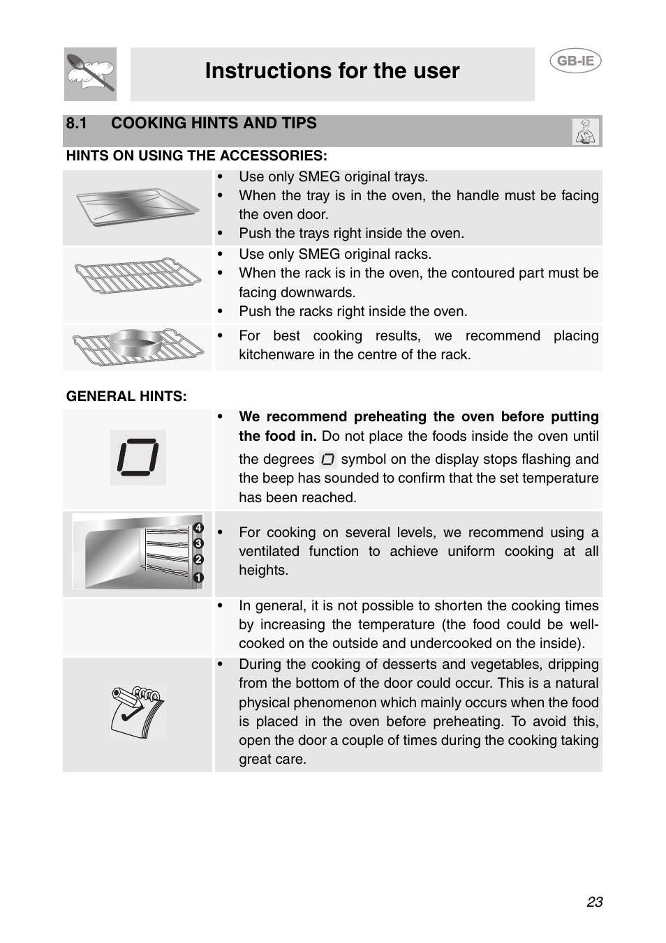 1 cooking hints and tips, Instructions for the user | Smeg Built-in Microwave Oven User Manual | Page 21 / 35