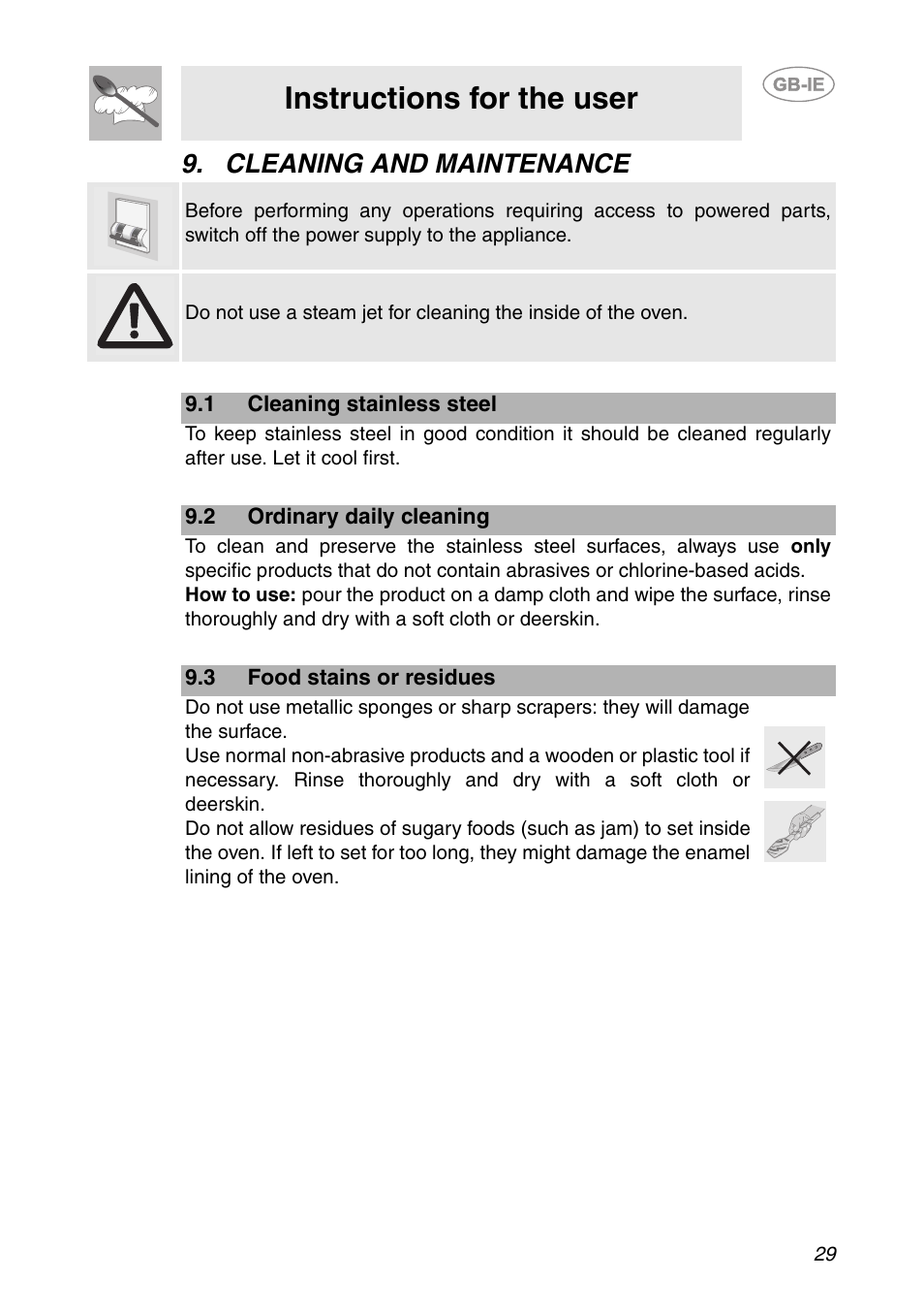 Cleaning and maintenance, 1 cleaning stainless steel, 2 ordinary daily cleaning | 3 food stains or residues, Instructions for the user | Smeg Built-in Microwave Oven User Manual | Page 27 / 35