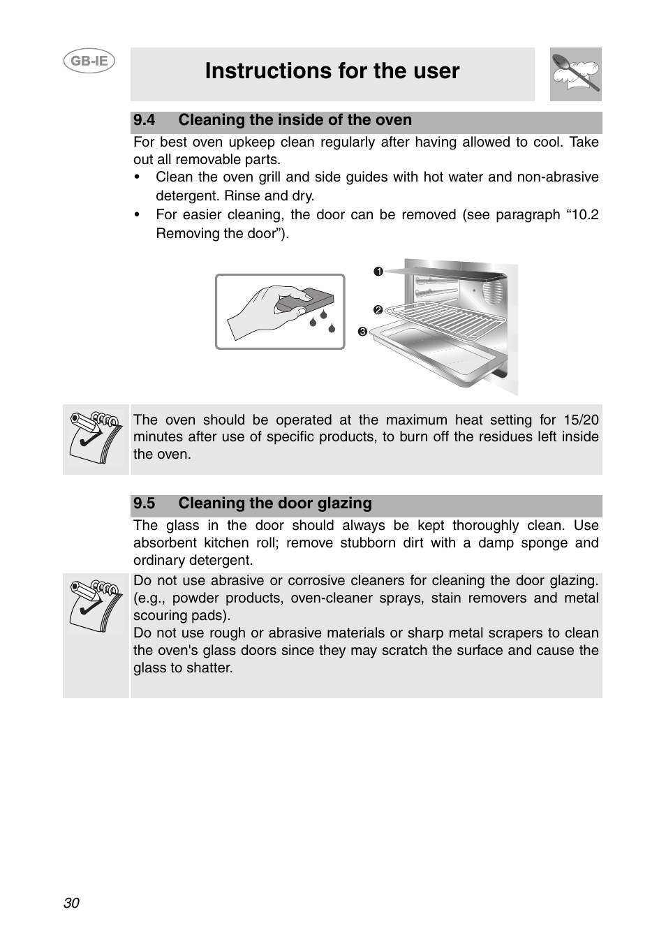 4 cleaning the inside of the oven, 5 cleaning the door glazing, Instructions for the user | Smeg Built-in Microwave Oven User Manual | Page 28 / 35