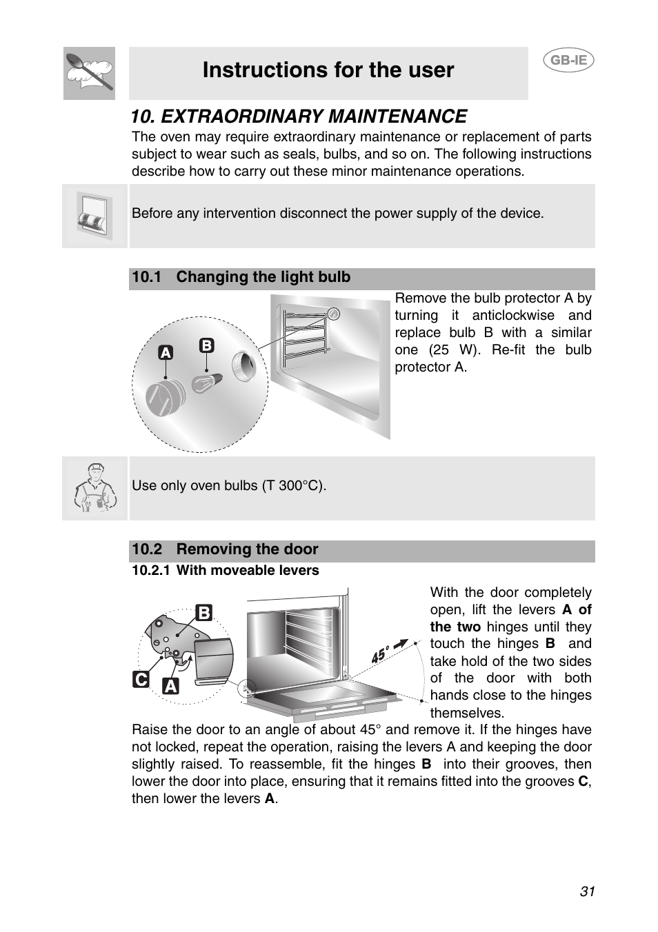 Extraordinary maintenance, 1 changing the light bulb, 2 removing the door | 1 with moveable levers, Instructions for the user | Smeg Built-in Microwave Oven User Manual | Page 29 / 35