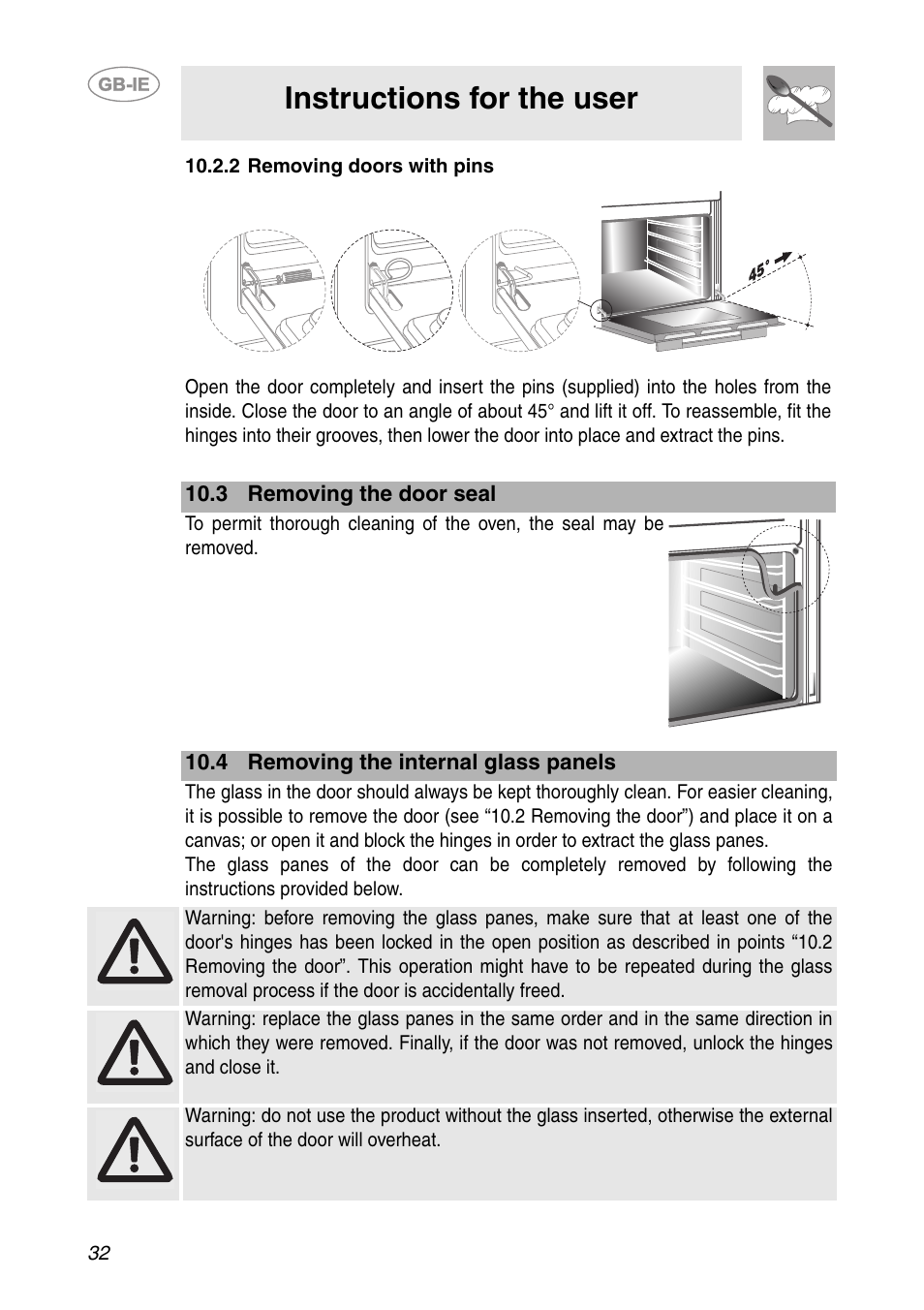 2 removing doors with pins, 3 removing the door seal, 4 removing the internal glass panels | Instructions for the user | Smeg Built-in Microwave Oven User Manual | Page 30 / 35