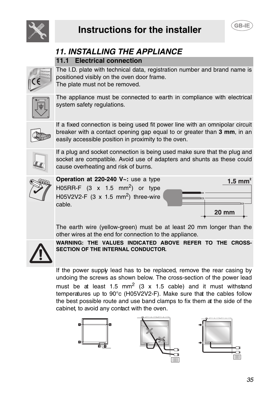 Installing the appliance, 1 electrical connection, Instructions for the installer | Smeg Built-in Microwave Oven User Manual | Page 33 / 35
