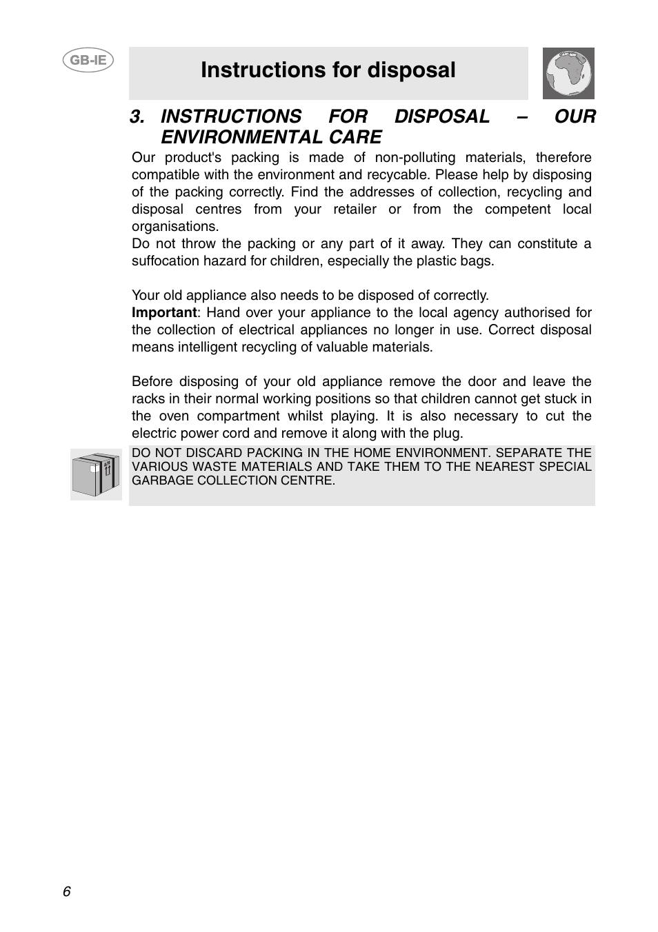 Instructions for disposal – our environmental care, Instructions for disposal | Smeg Built-in Microwave Oven User Manual | Page 4 / 35