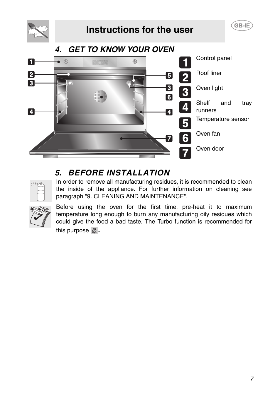 Get to know your oven, Before installation, Instructions for the user | Get to know your oven 5. before installation | Smeg Built-in Microwave Oven User Manual | Page 5 / 35