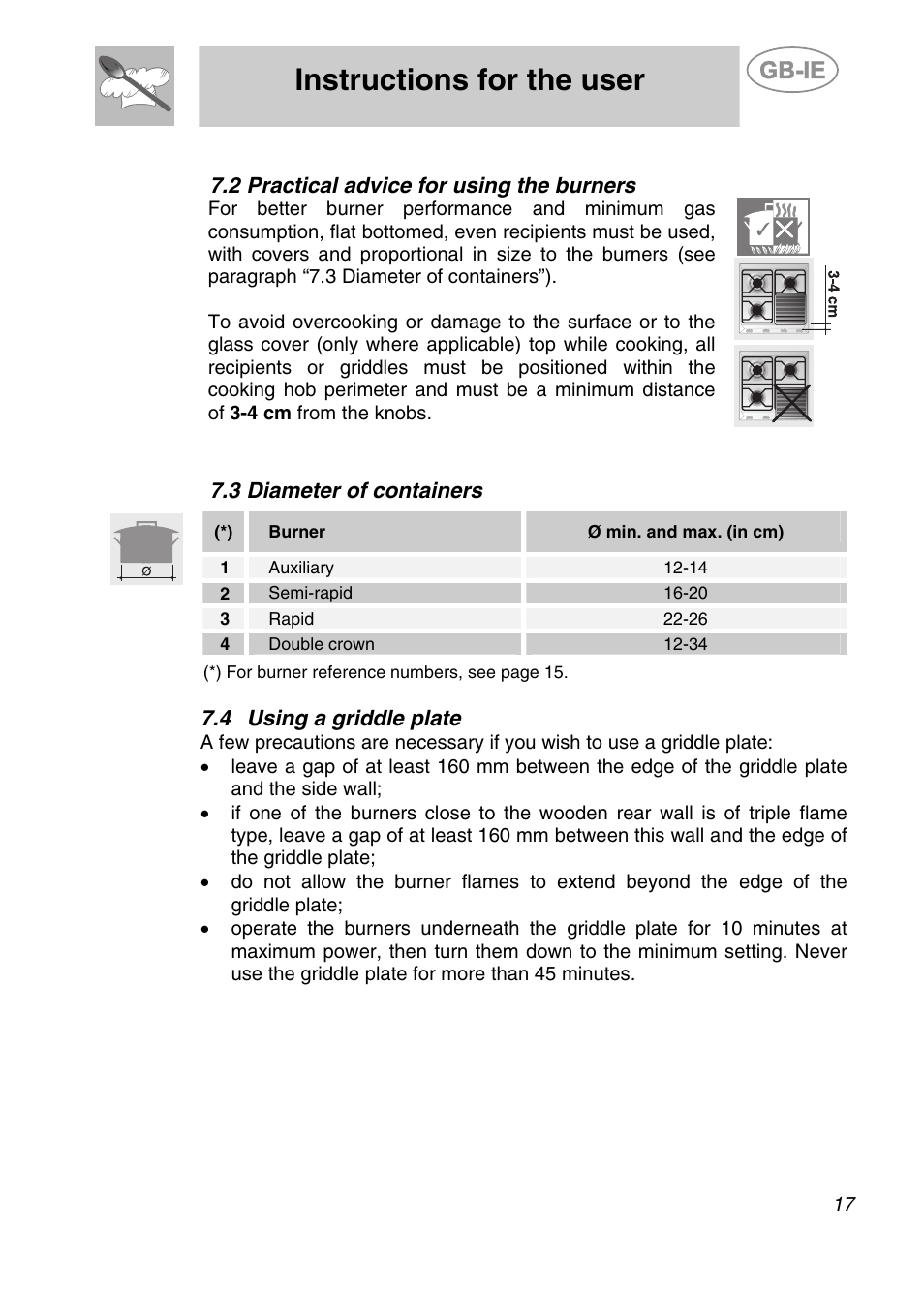2 practical advice for using the burners, 3 diameter of containers, 4 using a griddle plate | Instructions for the user | Smeg GCS90XG User Manual | Page 15 / 17