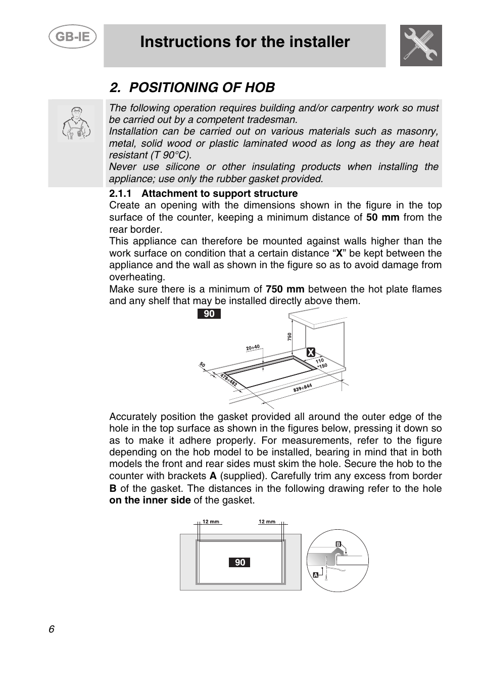 Positioning of hob, 1 attachment to support structure, Instructions for the installer | Smeg GCS90XG User Manual | Page 4 / 17