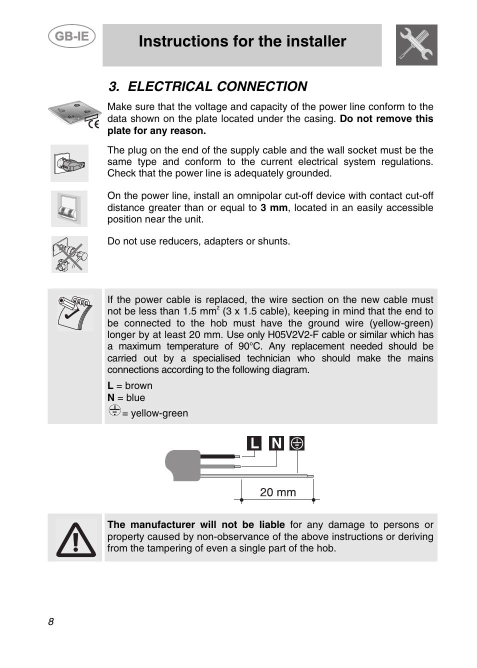 Electrical connection, Instructions for the installer, Do not use reducers, adapters or shunts | L = brown n = blue = yellow-green | Smeg GCS90XG User Manual | Page 6 / 17