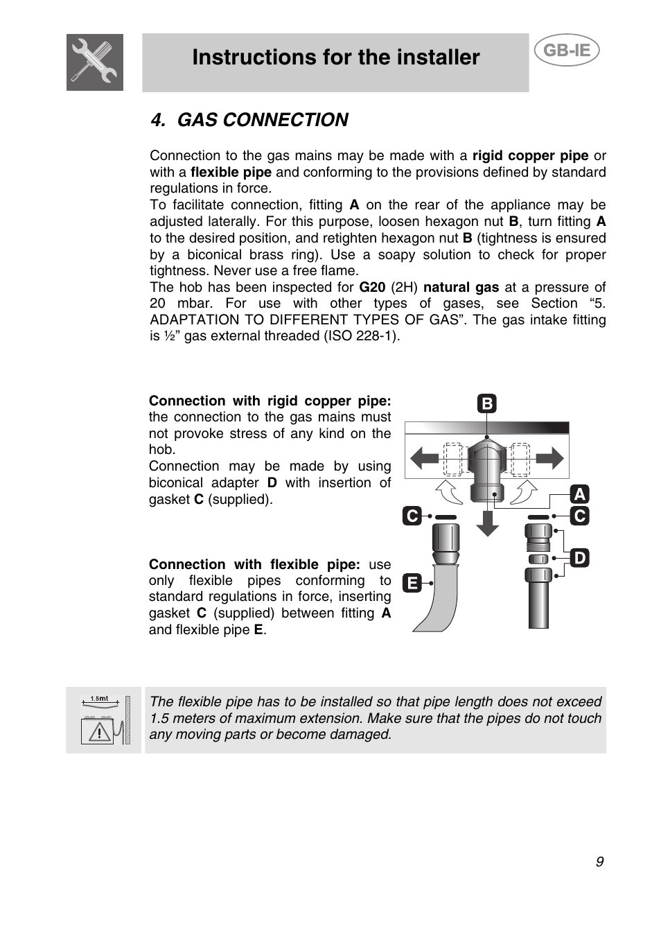 Gas connection, Instructions for the installer | Smeg GCS90XG User Manual | Page 7 / 17