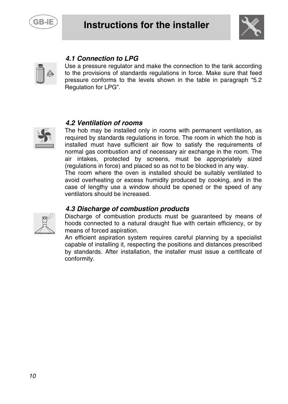 1 connection to lpg, 2 ventilation of rooms, 3 discharge of combustion products | Instructions for the installer | Smeg GCS90XG User Manual | Page 8 / 17