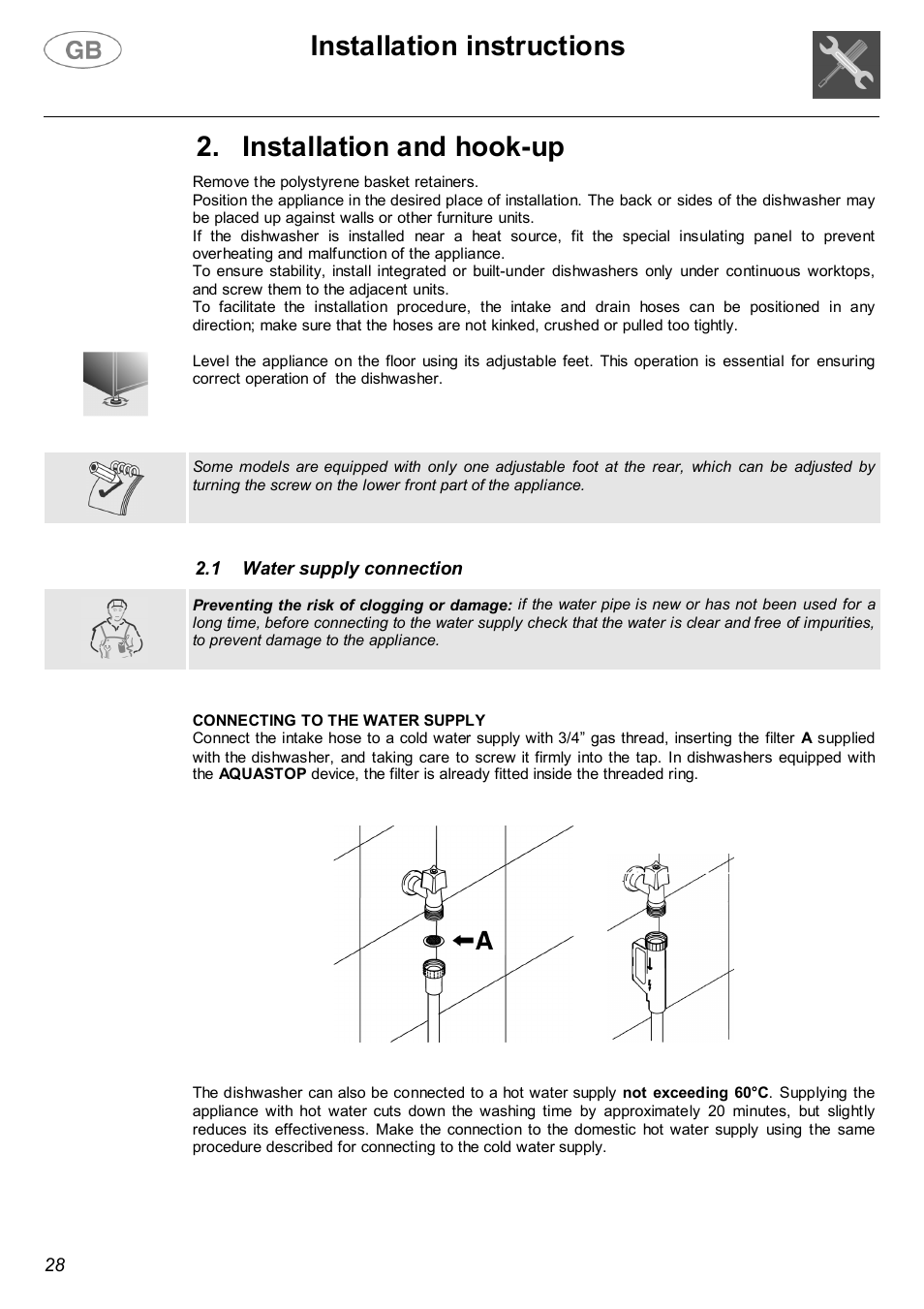 Installation instructions, Installation and hook-up | Smeg LVF32G User Manual | Page 6 / 26