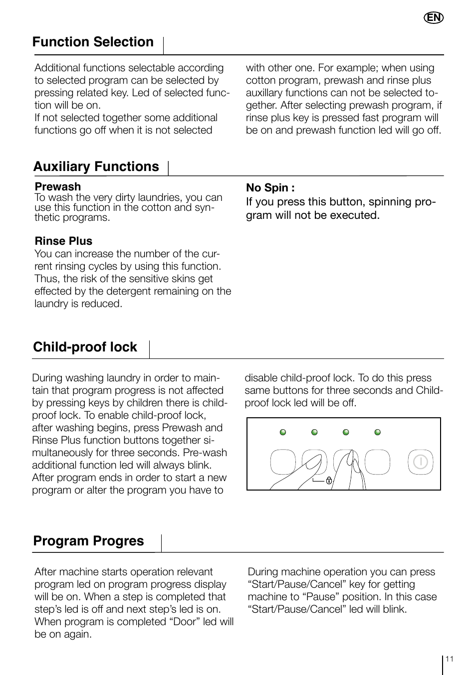 Function selection, Auxiliary functions, Program progres | Child-proof lock | Smeg LBS 635 User Manual | Page 11 / 14