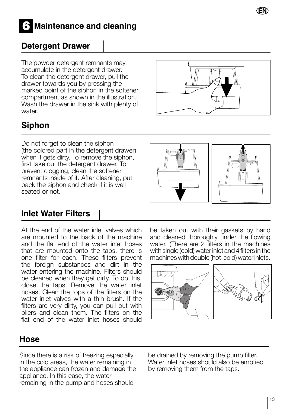 Inlet water filters, Maintenance and cleaning detergent drawer, Siphon | Hose | Smeg LBS 635 User Manual | Page 13 / 14