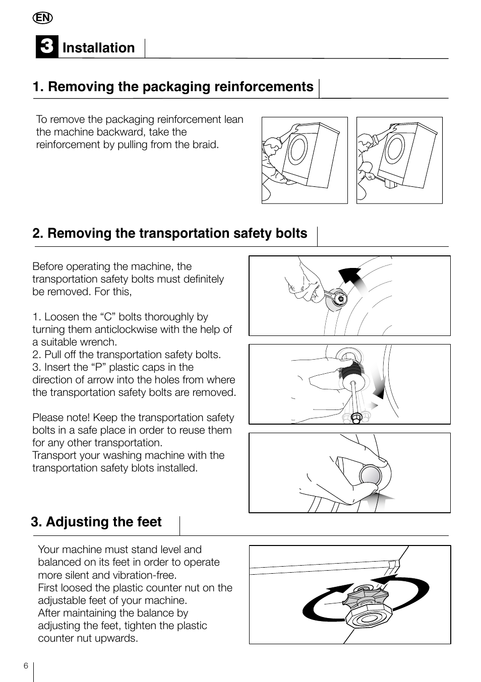 Removing the transportation safety bolts, Adjusting the feet | Smeg LBS 635 User Manual | Page 6 / 14