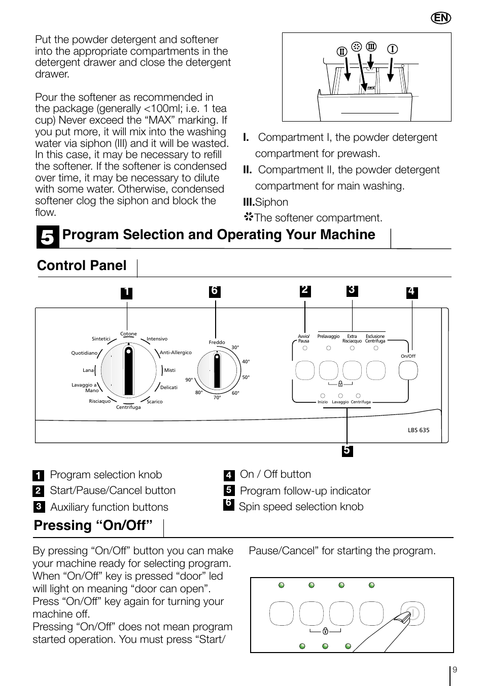 Pressing “on/off, Spin speed selection knob | Smeg LBS 635 User Manual | Page 9 / 14