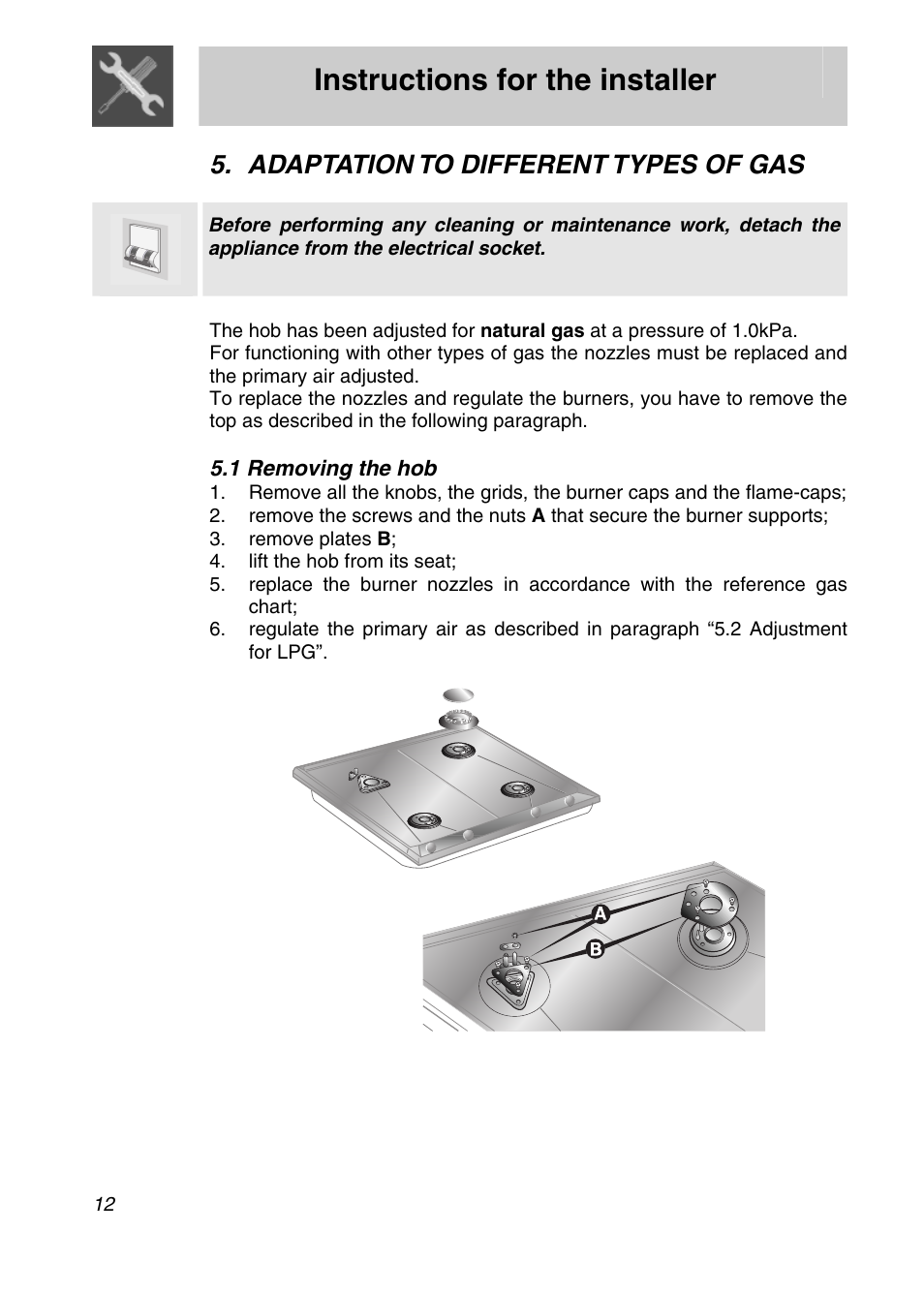 Adaptation to different types of gas, 1 removing the hob, Adaptation | Different types of gas, Instructions for the installer | Smeg CIR574X User Manual | Page 10 / 20