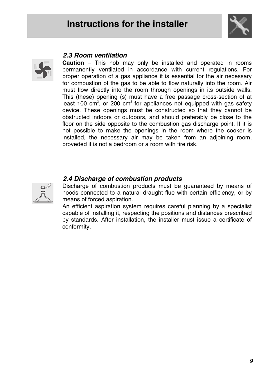 3 room ventilation, 4 discharge of combustion products, Instructions for the installer | Smeg CIR574X User Manual | Page 7 / 20