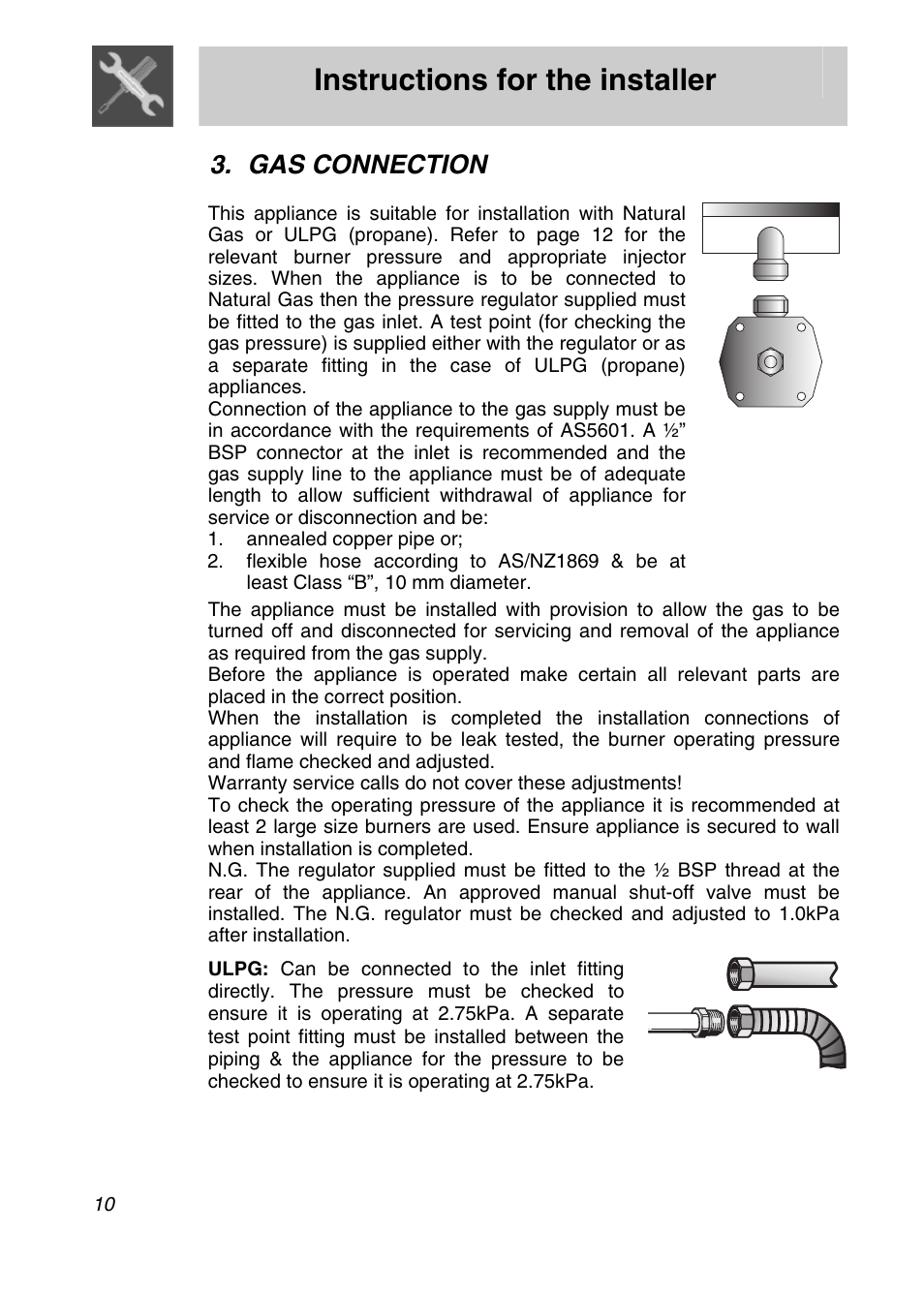 Gas connection, Connection, Instructions for the installer | Smeg CIR574X User Manual | Page 8 / 20