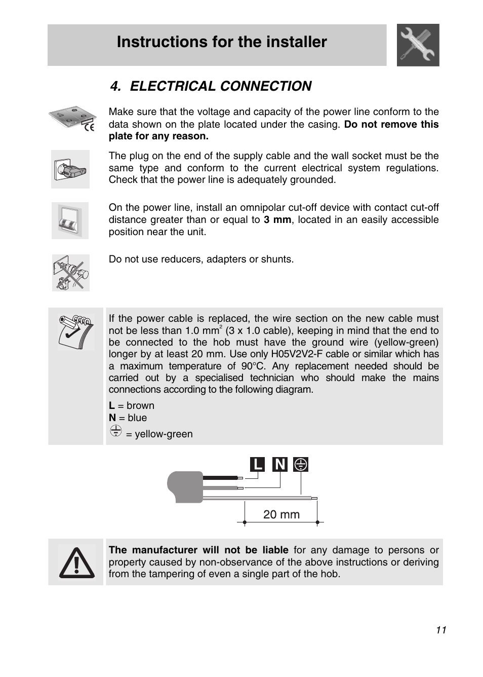 Electrical connection, Electrical, Connection | Instructions for the installer | Smeg CIR574X User Manual | Page 9 / 20