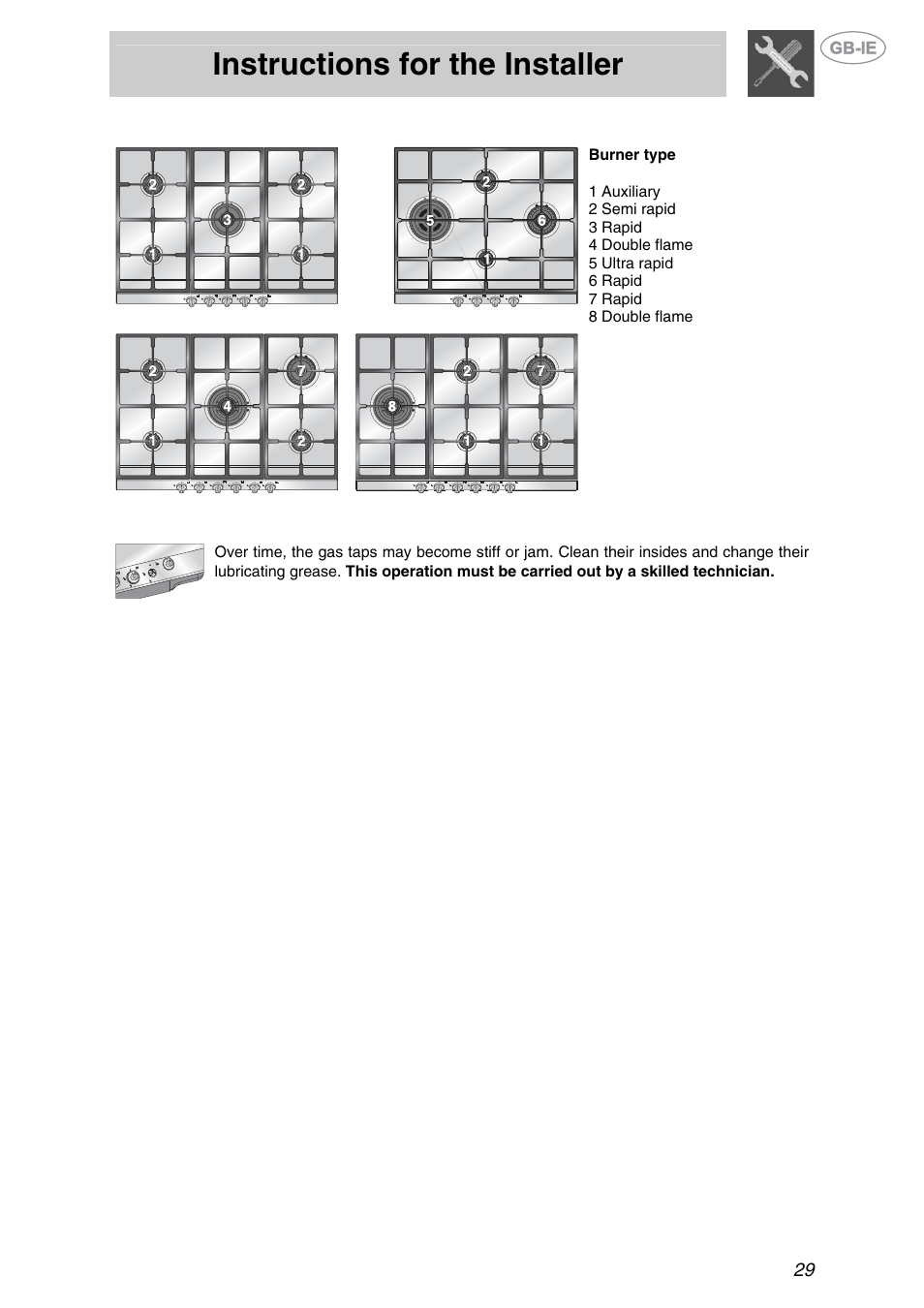 Hob burner layout, Greasing the gas taps, Instructions for the installer | Smeg XXPTS725 User Manual | Page 11 / 15