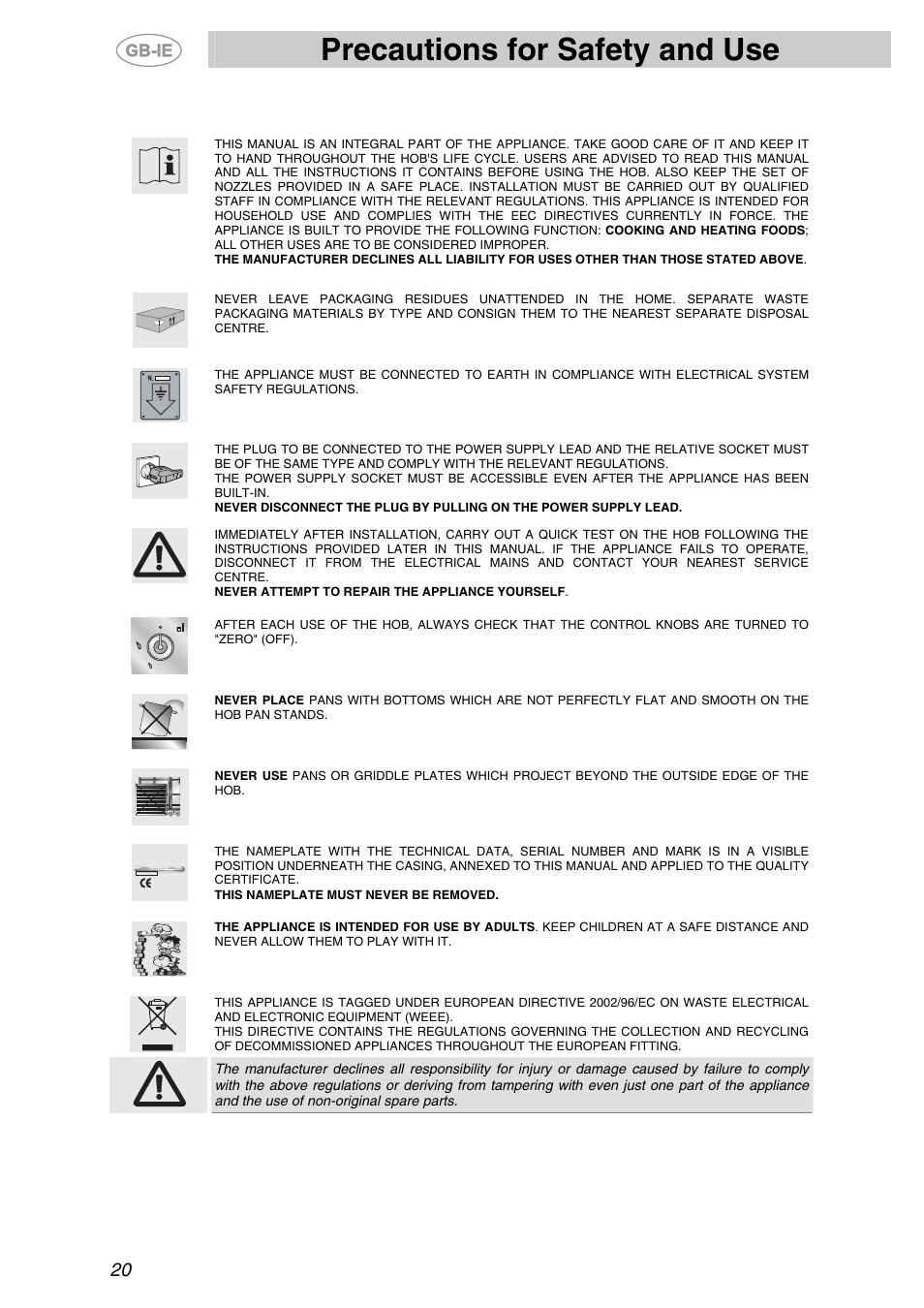 Precautions for safety and use | Smeg XXPTS725 User Manual | Page 2 / 15