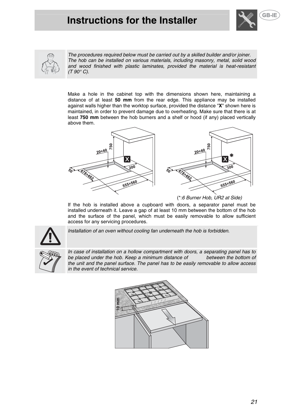 Fitting the appliance in the top, 1 fixing to the supporting structure, Fixing to the supporting structure | Instructions for the installer | Smeg XXPTS725 User Manual | Page 3 / 15