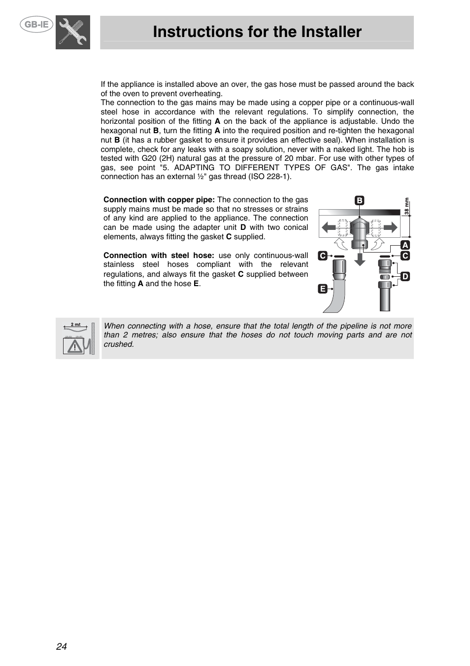 Gas connection, Instructions for the installer | Smeg XXPTS725 User Manual | Page 6 / 15