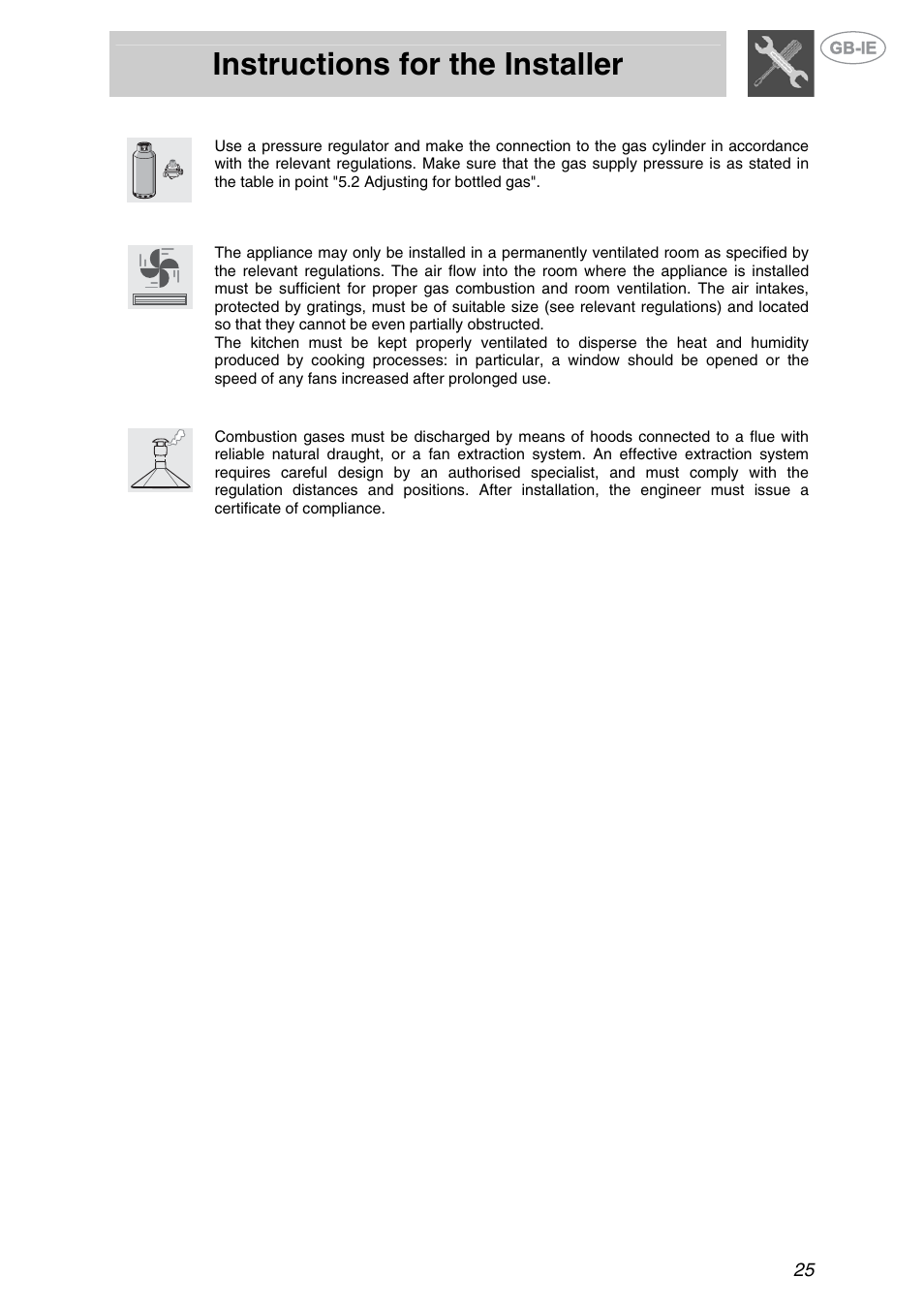 1 bottled gas connection, 2 room ventilation, 3 combustion gas discharge | Bottled gas connection, Room ventilation, Combustion gas discharge, Instructions for the installer | Smeg XXPTS725 User Manual | Page 7 / 15