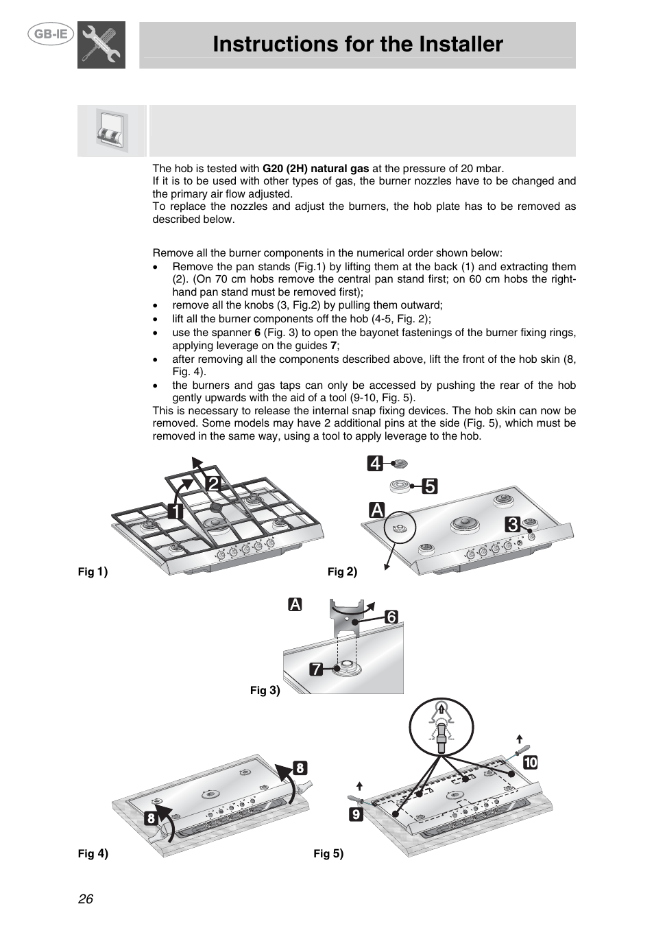 Adapting to different types of gas, 1 removing the hob skin, Removing the hob skin | Instructions for the installer | Smeg XXPTS725 User Manual | Page 8 / 15