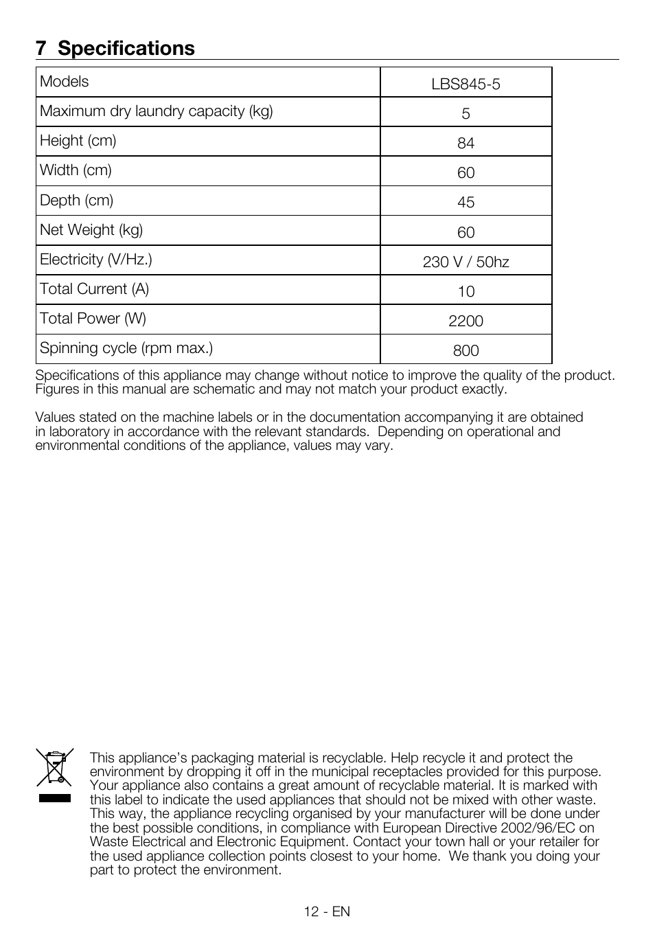 7 specifications | Smeg LBS845-5 User Manual | Page 12 / 12